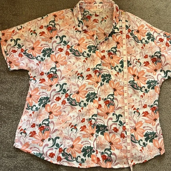 Garnet Hill Linen Button Down Floral Short Sleeve Size 10 - Picture 3 of 6